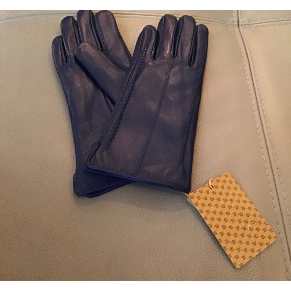 GENUINE LEATHER NAVY BLUE GLOVES WITH FLANNEL LINNING and STICH DESIGN